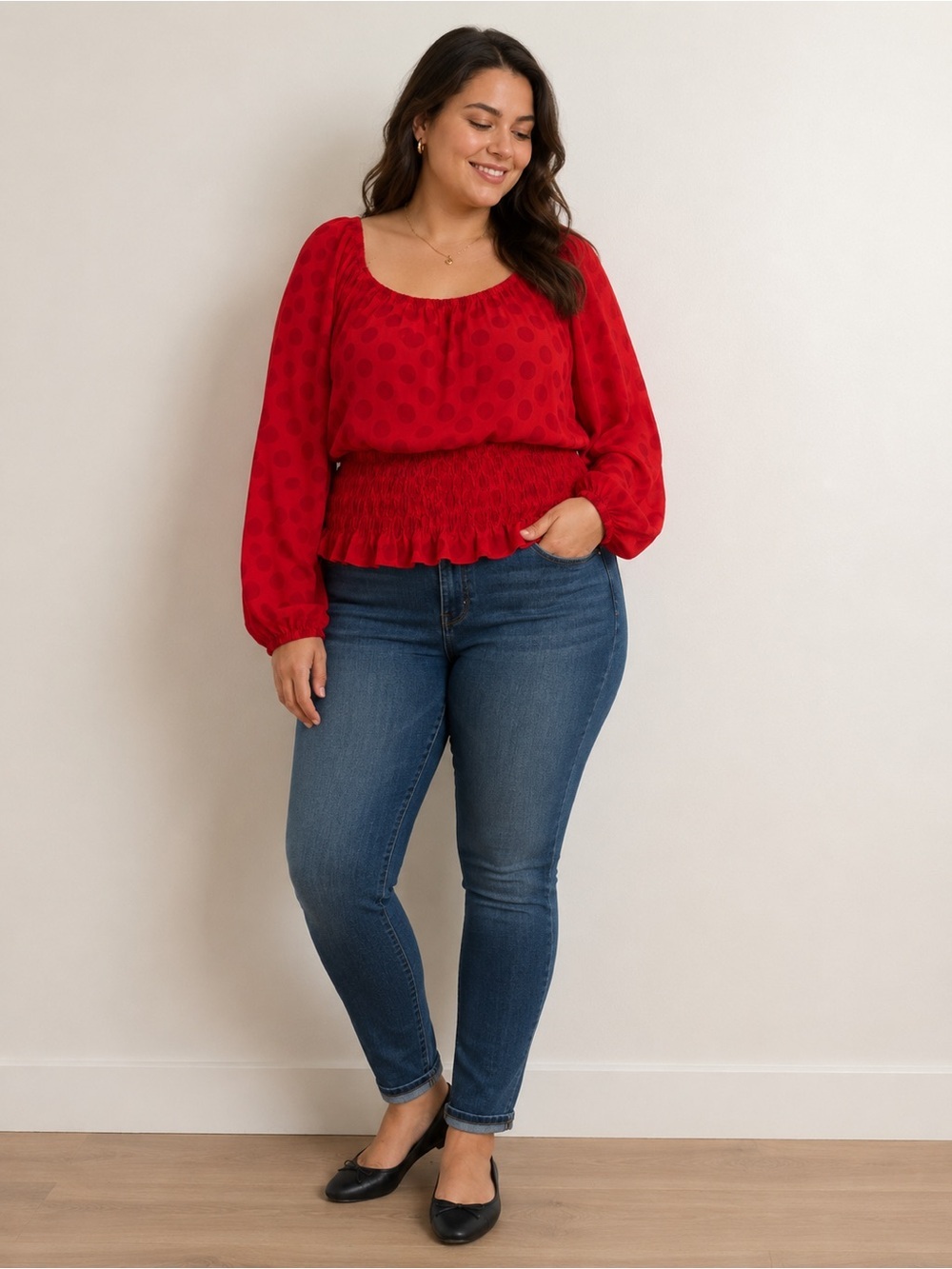 Ashley Stewart Women’s Red Polka Dot Smocked Peplum Blouse Size 22/24 NWT